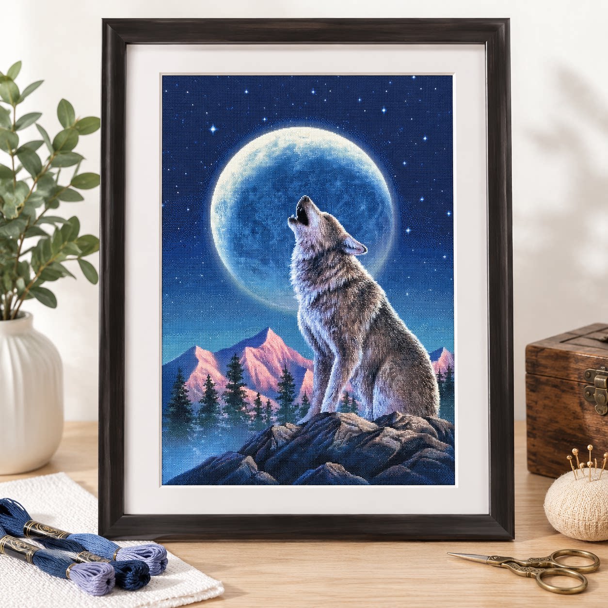 Cross Stitch Stamped Kits Beginners - [ZZ9252-Lone Wolf Under the Moon] DIY