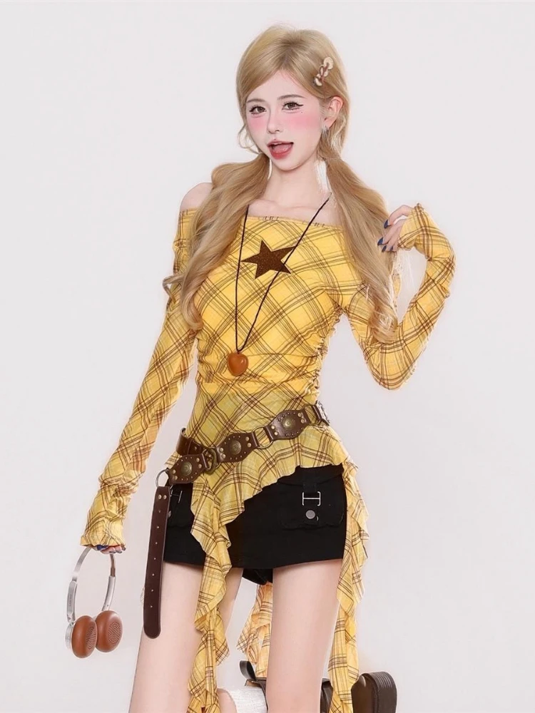 Y2K Plaid Slash Neck Vintage T - огляд і ціна Embroidery